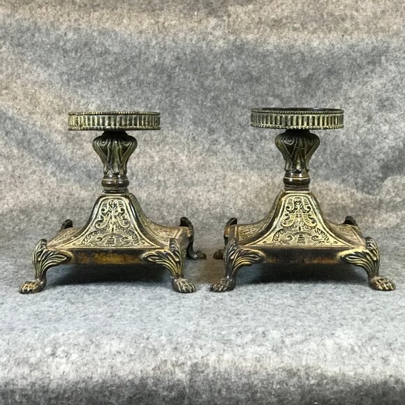 Cast Iron Footed Rustic Distressed Accent Pair of Candle Holders - Picture 3 of 11